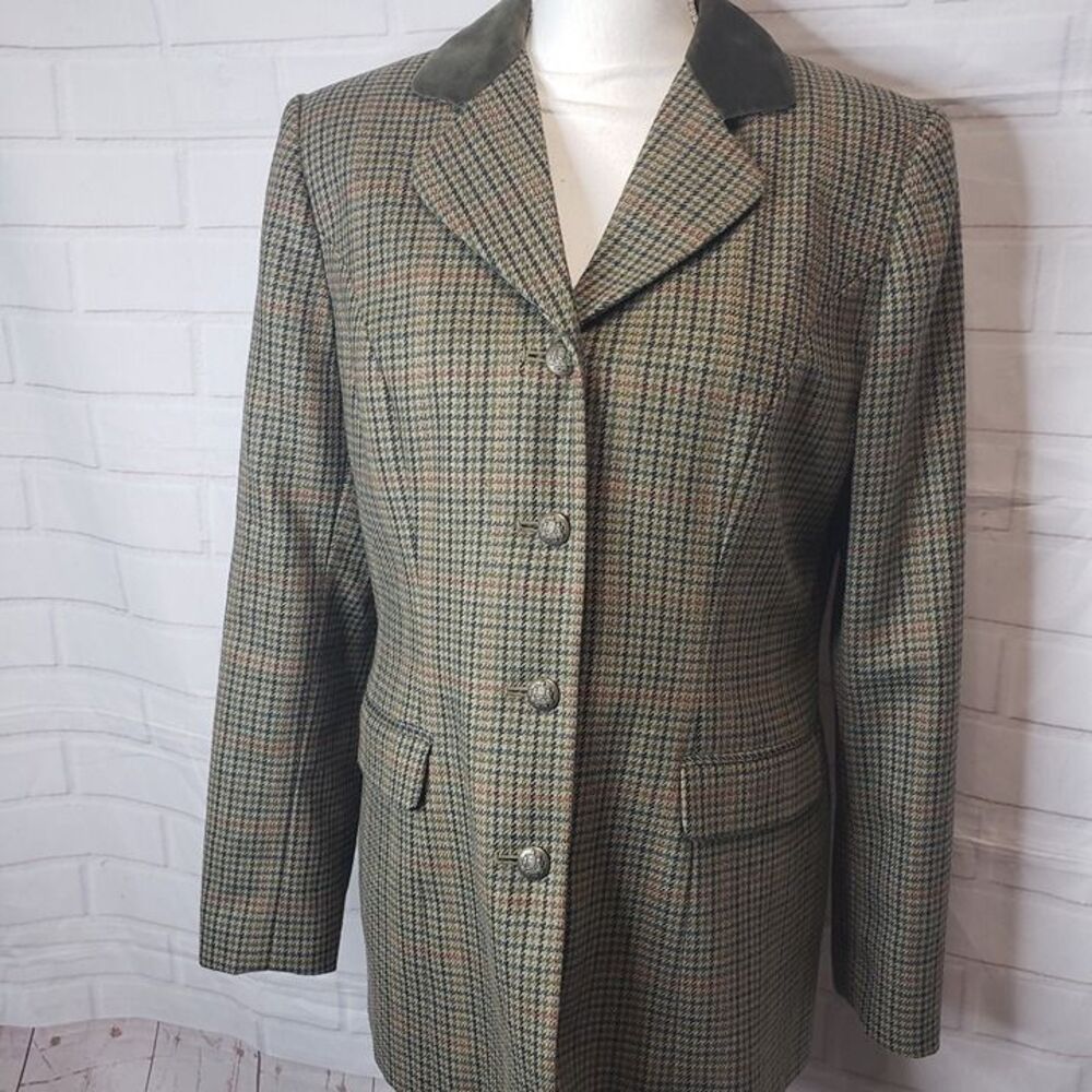 Vintage Danielle Martin Green Wool Houndstooth Equestrian Blazer womens size 10
